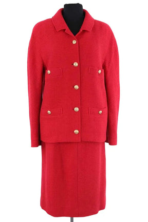 Ensemble veste et jupe Chanel Rouge en Tweed, taille L - Seconde Main