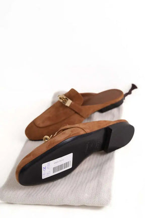 Mules Hermès Oz avec boucle Kelly Camel en Daim