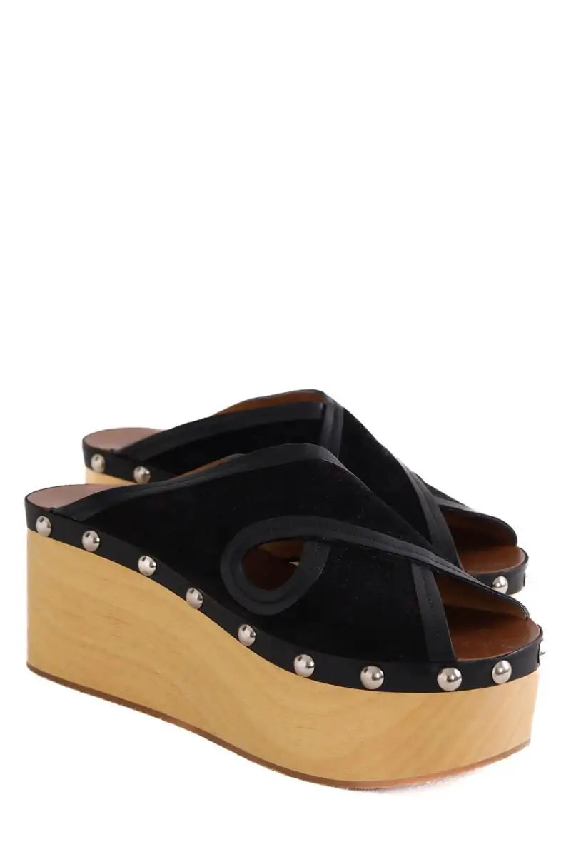 Sandales Isabel Marant suede wood wedge sandals black Noir en Daim