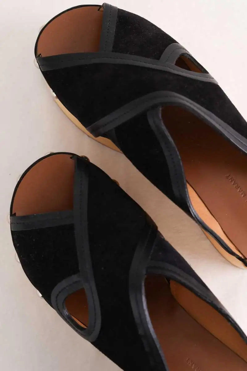 Sandales Isabel Marant suede wood wedge sandals black Noir en Daim