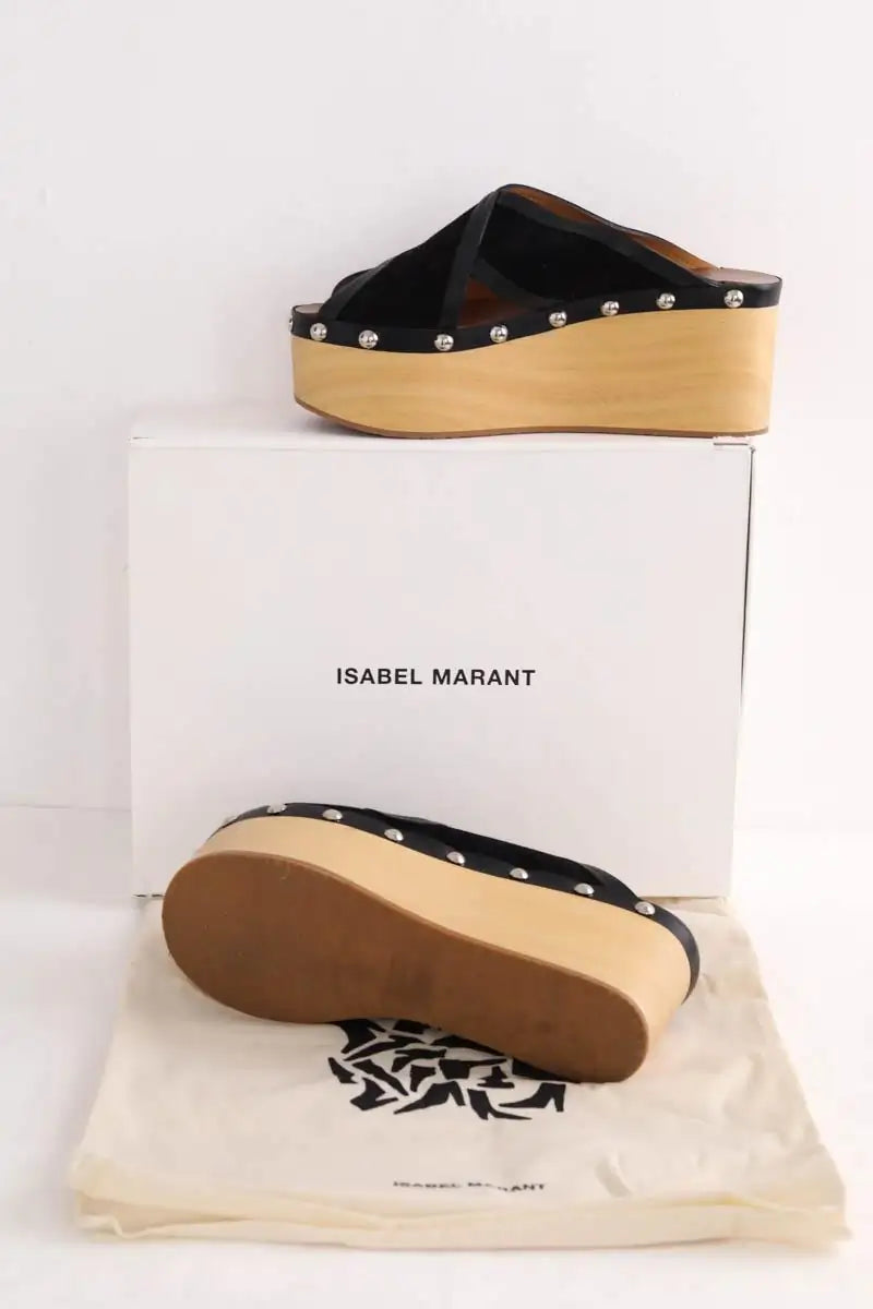 Sandales Isabel Marant suede wood wedge sandals black Noir en Daim