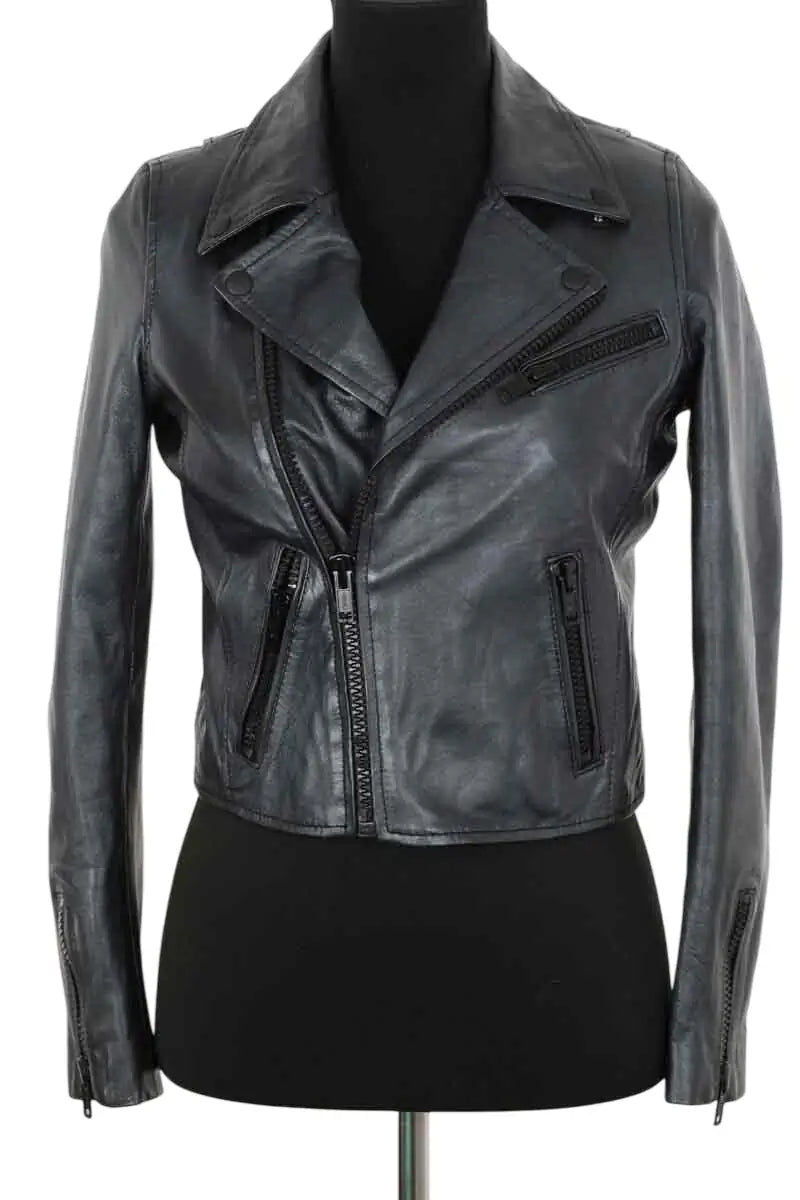 Veste Maje Rose Noir en Cuir, taille S - Seconde Main